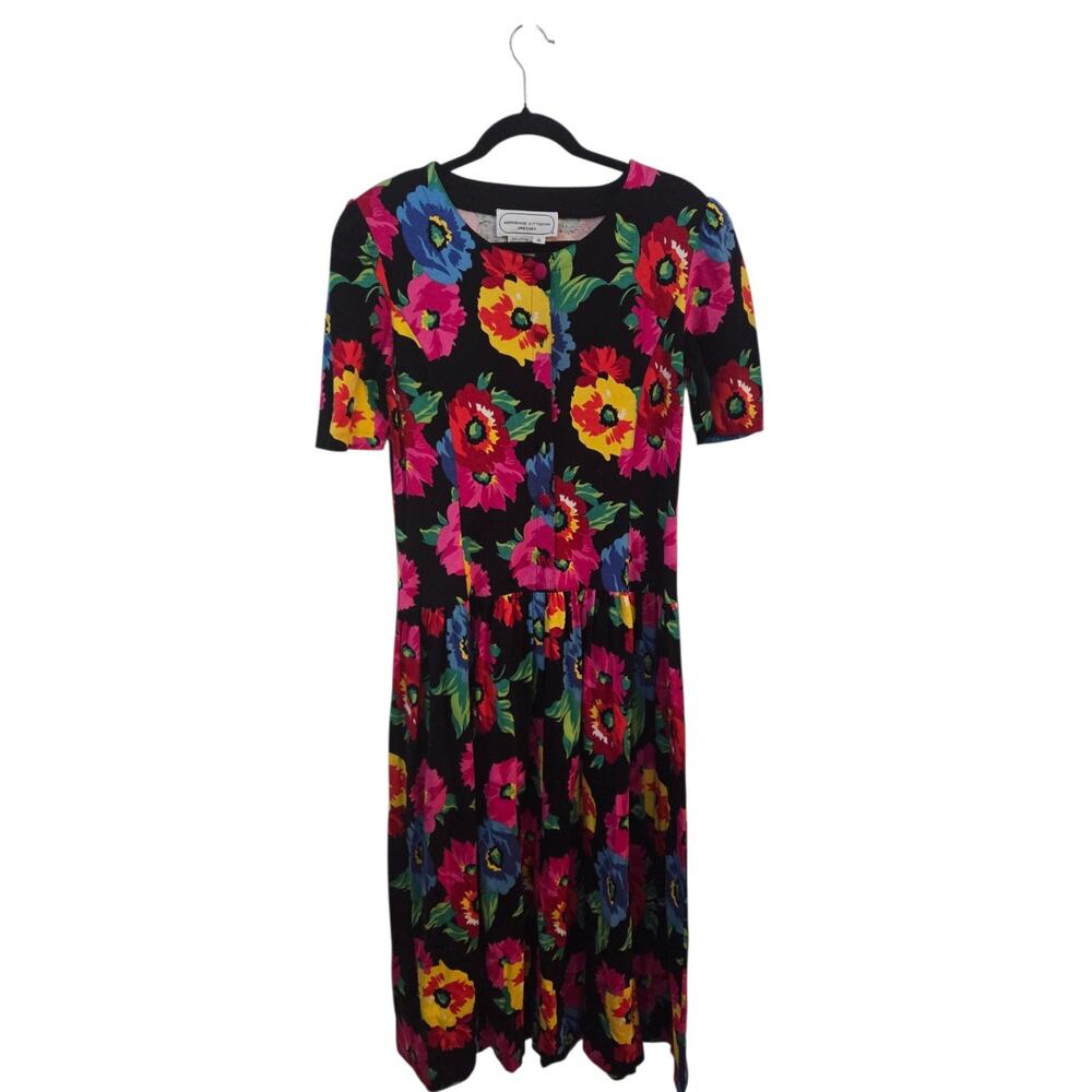 Vintage 80s Adrienne Vittadini Floral Cotton Midi Dress Size 10 M